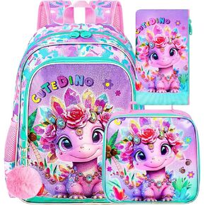 3Pcs Fox Backpack for Girls, 16" Kids School Backpacks with Lunch Box, Bookbag for Elementary Preschool Kindergarten(Pink)