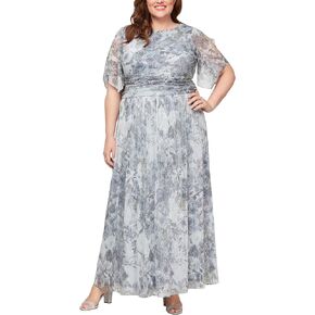 S.L. Fashions Women's Plus Size Long A-line Gown W/Flutter Sleeves & Ruched Waist, Wedding Guest, Party Dress