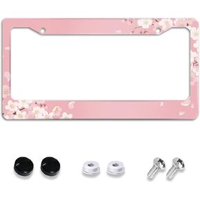 Cherry Blossom License Plate Frame Pink Novelty Personalized Car Tag Holder 2 Holes Aluminum License Plate Cover Car Accessories for Women Girls