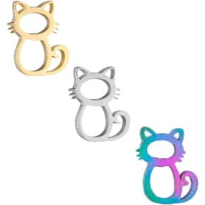 IDB Cat/Kitten Stainless Steel Small Stud Earrings - Approx. 3/8 inch (0.4" / 10mm) - Super Cute Dainty Animal Studs in Gold | Silver | Multicolor | 3 Pair Pack