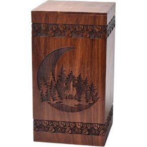 Handcrafted Rosewood Urn For Human Ashes - Beautifull Moon And Deer Tree Wooden Box - Cremation Urn For Pets Handmade Burial Urn Box For Loving Memories (Rosewood, M(9.5X5.5")180Cu)