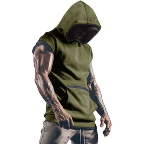 Men's Short Sleeve Athletic Hoodie Gym Workout Hoodies Muscle Sweatshirt Kangaroo Pocket Vintage Tees Pullover