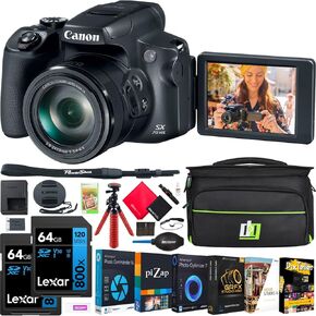 Canon PowerShot SX70 HS 20.3MP Camera Bundle with Deco Gear Camera Bag, 2 Pack Vivitar LP-E12 Replacement Batteries, Lexar 128GB SDXC Memory Card, and TechSmart Professional Editing Software Suite in Saudi Arabia