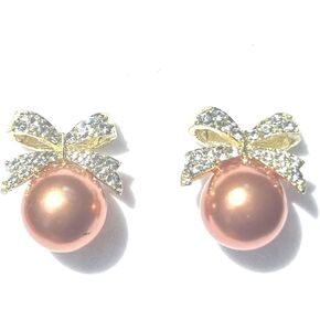 Pearl Stud Earrings for Women Jewelry Bowknot Rhinestone Drop Earrings Gold