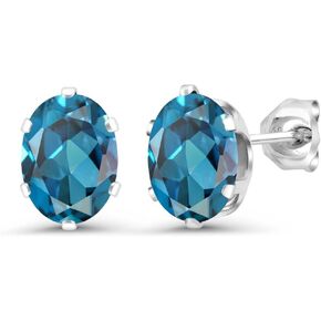 Gem Stone King 2.60 Cttw London Blue Topaz 6-Prongs Stud Earrings For Women Men In 925 Sterling Silver | Gemstone November Birthstone | Oval 8X6MM