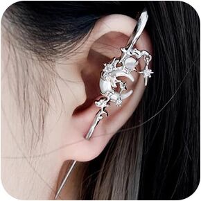 1Pcs Myth of The Moon Ear Hook Needle Piercing Earring for Women Creative Moon Star Earring Fashion Ear Wrap Climber Stud Gothic Punk Halloween Moon Star Jewelry Gift