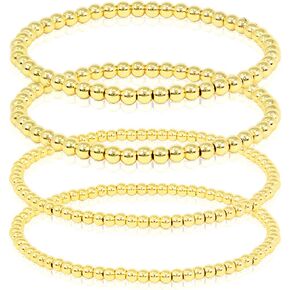 SM Stainless Steel Gold Silver Rose gold Beaded Ball Bracelets 4PCS Set for Women Stretchable Elastic Bracelet (4mm+3mm - Gold, Stainless Steel)