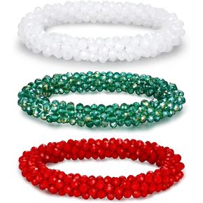 3 Pcs Handmade Stretchy Beaded Bracelet Sparkling Artificial Crystal Statement Jewelry Boho Accessories Stackable For Women Christmas Festival Gift