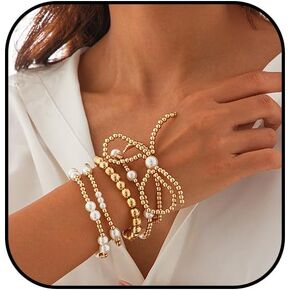 Gold Bow Bracelet Set for Women Pearl Beaded Bracelets Adjustable Bowknot Ribbon Bracelet Stretch Bead Ball Bracelet Gold Statement Jewelry Holiday Accessories