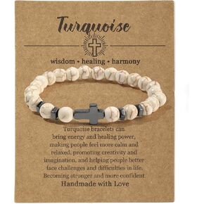 Pingyongchang Natural Stone Christian Cross Gifts for Women Men Healing Crystal Turquoise Bracelet Faith Easter Catholic Religious Stretch Bracelets Stress Relief Anxiety Yoga Bracelet For Teens