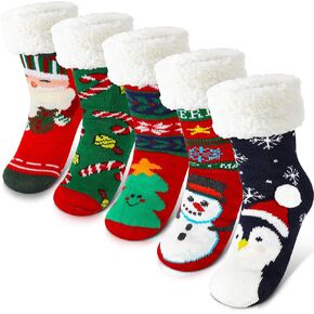 Cindeer 5 Pairs Christmas Slipper Socks Fuzzy Slipper Socks for Women Thermal Christmas Socks Warm Womens Fuzzy Socks Soft Fleece Lined Sock for Christmas Winter Party Supplies (Snowman)