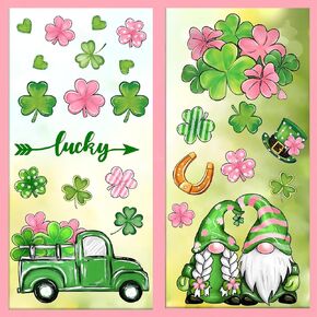 St. Patrick's Day Gnome Window Cling Stickers Pink Green Shamrock Clover Truck Reusable Window Decals for Irish Holiday Party Home Office Classroom Decor, 4 Sheets