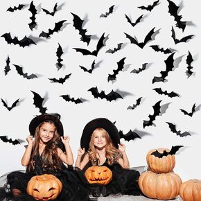 3D Bats Stickers,120PCS 4 Size Halloween Decoration Stickers Halloween Party Supplies Waterproof Scary Bats Wall Decor DIY Home Window Decor Waterproof Black Spooky Bats for Indoor Outdoor