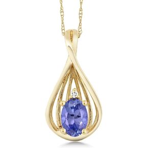 Gem Stone King 10K Yellow Gold Blue Tanzanite and White Diamond Teardrop Pendant Necklace For Women (0.45 Cttw, Gemstone December Birthstone, Oval 6X4MM, with 18 Inch Chain)