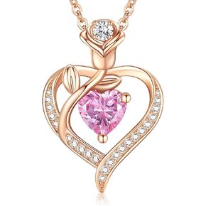 Rose Heart Birthstone Necklace for Women Rose Gold Sterling Silver Gemstone Heart Necklace