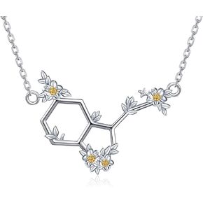 Happiness Serotonin Molecule Necklace for Women 925 Sterling Silver Flower Serotonin Pendant Necklace Molecule Necklace Science Jewelry Chemistry Gifts for Women Teacher Professor Chemistry Graduates