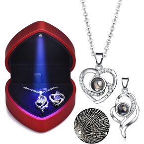 NW 2 pcs Pendants i love you necklace in 100 languages Projection Heart Pendant necklace for women mother with led light heart gift box SLIVER