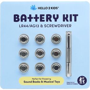 Hello 2 Kids Battery Kit for Sound Books and Musical Toys - Nine LR44/AG13 Button Cell Batteries & Screwdriver
