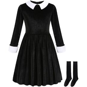 Girls Peter Pan Collar Black Dress Halloween Costume Birthday Outfit 3-12Y