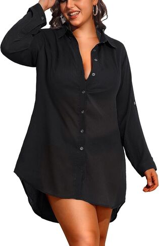 Pinup Fashion Womens Plus Size Swimwear Cover Ups Button Down Beach Long Sleeve Bathing Bikini Shirt Coverup in Saudi Arabia