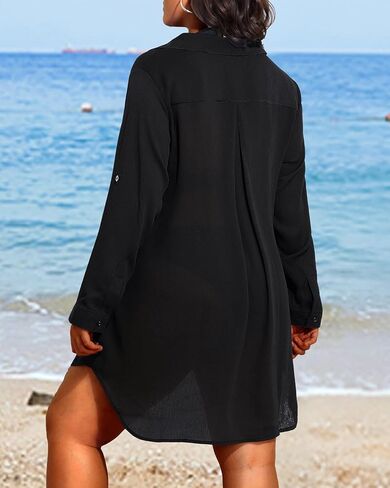 Pinup Fashion Womens Plus Size Swimwear Cover Ups Button Down Beach Long Sleeve Bathing Bikini Shirt Coverup in Saudi Arabia
