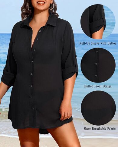 Pinup Fashion Womens Plus Size Swimwear Cover Ups Button Down Beach Long Sleeve Bathing Bikini Shirt Coverup in Saudi Arabia