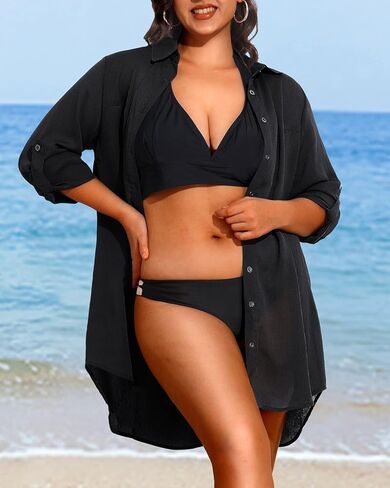 Pinup Fashion Womens Plus Size Swimwear Cover Ups Button Down Beach Long Sleeve Bathing Bikini Shirt Coverup in Saudi Arabia