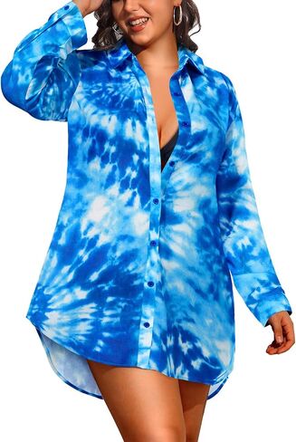 Pinup Fashion Womens Plus Size Swimwear Cover Ups Button Down Beach Long Sleeve Bathing Bikini Shirt Coverup in Saudi Arabia
