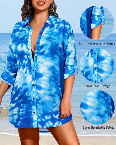 Pinup Fashion Womens Plus Size Swimwear Cover Ups Button Down Beach Long Sleeve Bathing Bikini Shirt Coverup in Saudi Arabia