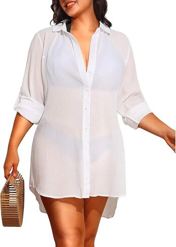 Pinup Fashion Womens Plus Size Swimwear Cover Ups Button Down Beach Long Sleeve Bathing Bikini Shirt Coverup in Saudi Arabia