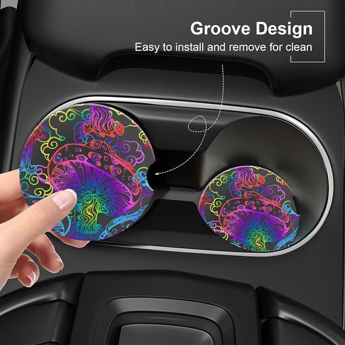 Vintage 80s Style Car Cup Holder Coaster, Car Coasters for Cup Holder, 2 Pack Retro Memphis Fashion Anti-Slip Absorbent Ceramic Car Cup Coasters with Finger Notch Cork Base for Women Men 2.56" in Kuwait