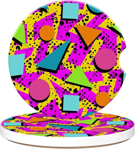 Vintage 80s Style Car Cup Holder Coaster, Car Coasters for Cup Holder, 2 Pack Retro Memphis Fashion Anti-Slip Absorbent Ceramic Car Cup Coasters with Finger Notch Cork Base for Women Men 2.56" in Kuwait