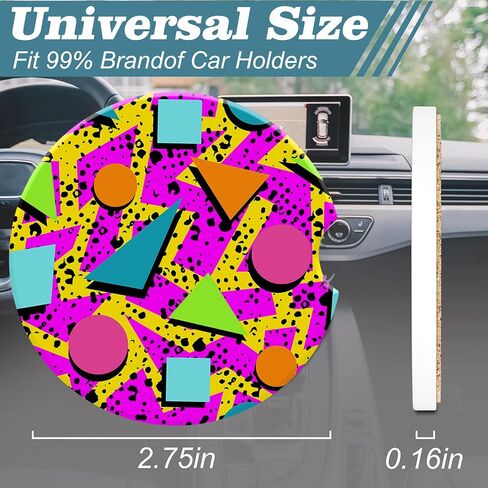Vintage 80s Style Car Cup Holder Coaster, Car Coasters for Cup Holder, 2 Pack Retro Memphis Fashion Anti-Slip Absorbent Ceramic Car Cup Coasters with Finger Notch Cork Base for Women Men 2.56" in Kuwait