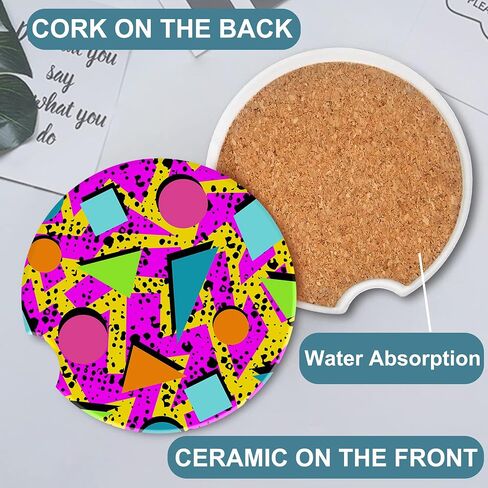 Vintage 80s Style Car Cup Holder Coaster, Car Coasters for Cup Holder, 2 Pack Retro Memphis Fashion Anti-Slip Absorbent Ceramic Car Cup Coasters with Finger Notch Cork Base for Women Men 2.56" in Kuwait