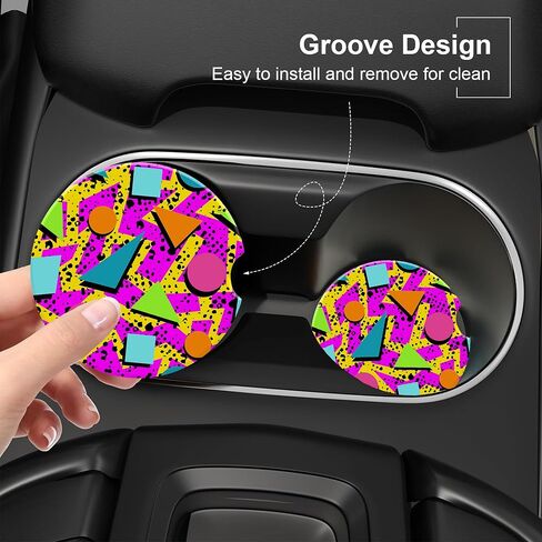 Vintage 80s Style Car Cup Holder Coaster, Car Coasters for Cup Holder, 2 Pack Retro Memphis Fashion Anti-Slip Absorbent Ceramic Car Cup Coasters with Finger Notch Cork Base for Women Men 2.56" in Kuwait