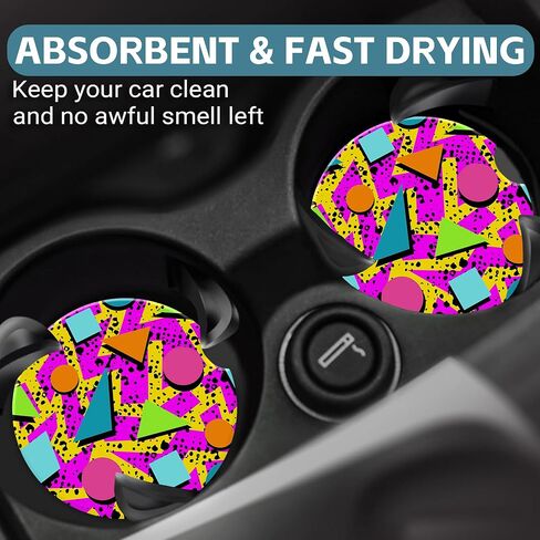 Vintage 80s Style Car Cup Holder Coaster, Car Coasters for Cup Holder, 2 Pack Retro Memphis Fashion Anti-Slip Absorbent Ceramic Car Cup Coasters with Finger Notch Cork Base for Women Men 2.56" in Kuwait