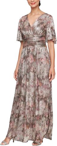 S.L. Fashions Women's Plus Size Long A-line Gown W/Flutter Sleeves & Ruched Waist, Wedding Guest, Party Dress in Kuwait
