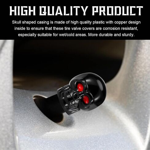 4 PCS Skull Style Valve Caps, Copper Red-Eyed Skull Tire Valve Protection Cover with Rubber Ring, Decorative Wheel Valve Cover for Car Motorcycle Bicycle, Car Accessories (Black) in Kuwait