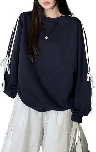 MakeMeChic Women's Crew Neck Long Sleeve Sweatshirts Bowknot Side Y2k Oversized Pullovers in Saudi Arabia