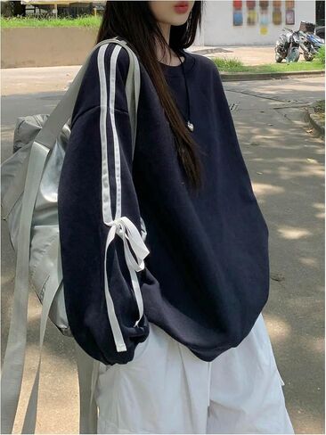 MakeMeChic Women's Crew Neck Long Sleeve Sweatshirts Bowknot Side Y2k Oversized Pullovers in Saudi Arabia