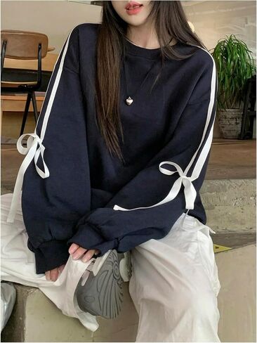MakeMeChic Women's Crew Neck Long Sleeve Sweatshirts Bowknot Side Y2k Oversized Pullovers in Saudi Arabia