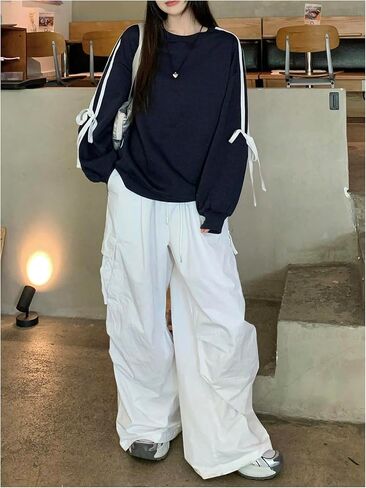 MakeMeChic Women's Crew Neck Long Sleeve Sweatshirts Bowknot Side Y2k Oversized Pullovers in Saudi Arabia