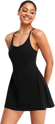 فستان تنس نسائي، فستان للتمرين مع حمالة صدر مدمجة وسروال قصير وجيوب، فستان تمرين لفساتين الجولف الرياضية للنساء in Kuwait