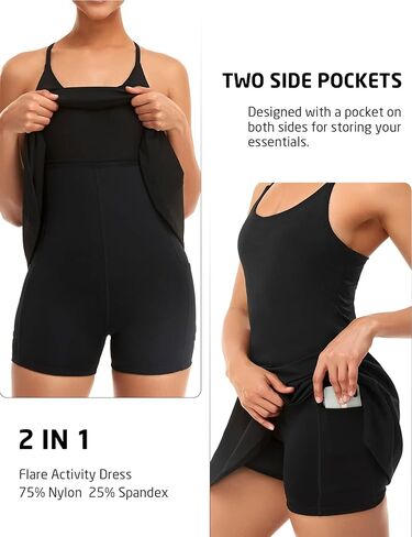 فستان تنس نسائي، فستان للتمرين مع حمالة صدر مدمجة وسروال قصير وجيوب، فستان تمرين لفساتين الجولف الرياضية للنساء in Kuwait