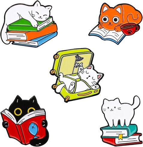 Cute Reading Cat Enamel Brooch Pins Set, 5PCS Cartoon Animals Badges Brooch Pins for Decor Backpacks Clothing Bags Jackets Accessories in Saudi Arabia