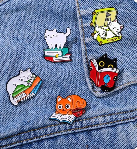 Cute Reading Cat Enamel Brooch Pins Set, 5PCS Cartoon Animals Badges Brooch Pins for Decor Backpacks Clothing Bags Jackets Accessories in Saudi Arabia