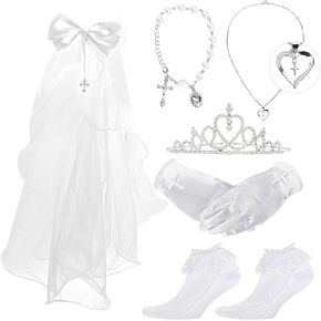 Svepndic Girls First Holy Communion Party Accessories, First Communion Headpiece with Veils and Gloves & Necklace for Girls