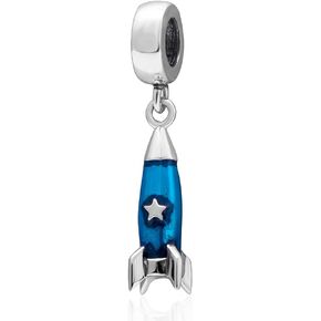 Blue Astronaut Rocket Charm Pendant with Star, Fit Pandora Style Bracelet, 925 Sterling Silver Enamel Dangling Beads