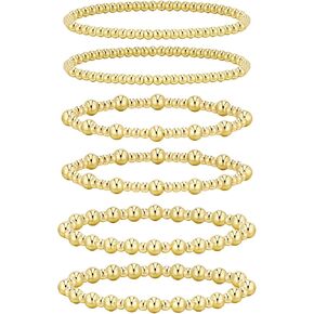 Gold Bracelets for Women,14K Gold Plated Beaded Bracelet Set, 6pacs Stackable Gold Bracelets for Women, Jewelry Gifts for Women
