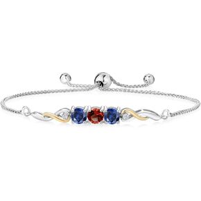 925 Sterling Silver and 10K Yellow Gold Red Garnet Blue Created Sapphire and White Lab Grown Diamond Tennis Bracelet For Women (2.22 Cttw, Gemstone January Birthstone, Fully Adjustable Up to 9 Inch)